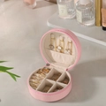 Portagioie rotondo rosa da viaggio in pelle PU con cerniera e interno in velluto - Rosa