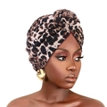 Ethnic leopard print turban hat with large twisted flower knot and elastic pleated fabric - One Size / Leopard Print