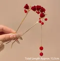 Épingle à cheveux en U avec fleurs en velours bordeaux, glands dorés et 13,5 cm de long - Fleur de Trompette Rouge avec Frange (168) / Environ 13,5 cm / Or/Rouge