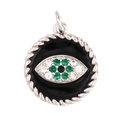 Silver plated evil eye pendant charm with black enamel and green zircon accents - Silver Black Background L296847-W