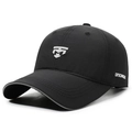 Black lightweight breathable sports baseball cap with white geometric logo and lettering - Adjustable / Black