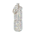 Close-up of portable diamond-encrusted mini pill bottle with colorful rhinestones - Solid AB Crystal