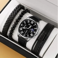 Men's 4-piece gift set with black quartz watch and braided leather beaded bracelets - Roman Scale All Black Set S00201-9 (Watch And Bracelets)