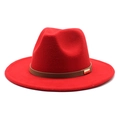 Detail of dark red wool fedora hat featuring a brown leather band and gold metal buckle - M (56-58cm) / Red