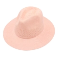 Classic light pink wide brim knitted Panama hat for women featuring breathable openwork - One Size / Pink
