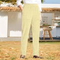 Detail of light yellow wide-leg trousers with vertical texture and elastic high waist - S / Bottoms / Apricot