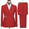 Detail of red business suit with double-breasted metal buttons and matching trousers - XXS / Red