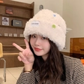 Thick warm ivory white fuzzy knitted beanie with colorful buttons and textile label - Button Decor Style / White
