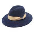 Detail of navy knit fedora hat with chenille texture and rhinestone buckle ribbon - Navy Blue