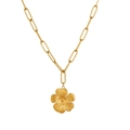 Vintage gold liquid metal style necklace with textured flower pendant on chunky paperclip chain - XLE-6-1 Necklace - Gold
