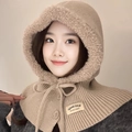 Khaki knitted balaclava hood with plush lining and drawstring closure for women - Khaki (Hat Only)