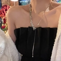 Silver asymmetric wheat ear long tassel necklace with sequin details for women - Necklace / Silver