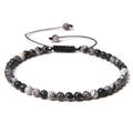Adjustable 4mm braided stone bead bracelet featuring natural grey marble pattern jasper beads - Black Network Stone