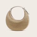 Beige crescent straw handbag with white leather trim and top handle for women - Off White