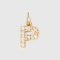 P-shaped golden stainless steel pendant charm fully paved with clear cubic zirconia - Letter P - Gold