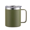 Detail of green 304 stainless steel insulated mug with handle and transparent lid - Army Green