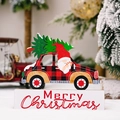 Décoration de Noël voiture en bois à carreaux rouges avec sapin vert et base Merry Christmas - Style Voiture