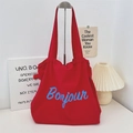 Red high-capacity canvas tote bag with blue Bonjour embroidery and casual drawstring style - Burgundy