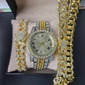 Iced out gold watch and Cuban link chain set with sparkling rhinestones in a gift box - Gold Watch + Gold Bracelet and Necklace