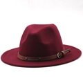 Detail of dark wine red fedora hat with brown leather band and metal buckle accent - Burgundy