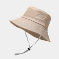 Close-up of khaki wide-brim sun hat with reinforced stitching and adjustable wind rope - M (56-58cm) / Khaki