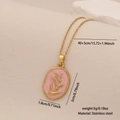 Golden stainless steel necklace with pink enamel tree pendant and dimensions detail - Pink Enamel with Gold Wheat (5# Wheat)