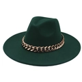 Detail of dark green wool fedora hat featuring a chunky gold acrylic chain band decoration - Adult (57-60cm) / Dark Green