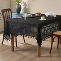 Vintage black lace rectangular tablecloth with geometric hollow patterns and fringe trim - 150*230cm / Black