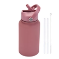 Close-up of matte dark pink 650ml sports water bottle with straw and cleaning brush kit - Smoky Pink