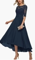 Dark blue lace embroidery evening dress with high-low hem and mesh long sleeves - L(US 12) / Navy Blue