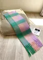 Soft checkered plaid scarf with pink and green tones featuring stylish long tassels - AC Pink Green Series