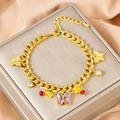 Golden stainless steel bracelet with purple crystal butterfly and colorful charms on silk - Single Bracelet