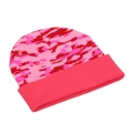 Close-up of pink camouflage knitted beanie showing soft ribbed cuff and warm texture - Red