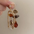 Orecchini asimmetrici dorati con resina ambrata e perle floreali in stile vintage - 8# Perno in Argento - Geometria in Cristallo Asimmetrica Colorata