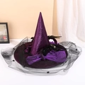 Purple Halloween witch hat with black feathers and spider web mesh on a white surface - One Size / Purple