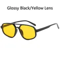 Glossy black double bridge pilot sunglasses with vintage yellow lenses for a trendy look - Glossy Black Frame Yellow Lens