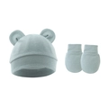 Detail view of baby cotton knit hat with ears and anti-scratch mittens set in light blue - Hat And Gloves / Blue Gray