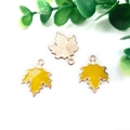 Detailed front and back view of gold-plated maple leaf pendants with yellow enamel finish - Enamel Maple Leaf (15499) / 1 Piece (18x23mm) / Yellow