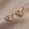 Golden heart earrings featuring a rectangular zircon stone with micro-pave crystals - Halo Heart Studs (E0365) / Gold