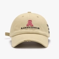 Khaki baseball cap featuring pink 'A' embroidery and distressed brim in retro style - Adjustable / Khaki