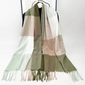 Plaid tassel scarf in deep green and khaki faux cashmere hanging on a hanger - Beige and Green Plaid