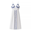 Bohemian white midi dress with blue floral embroidery and deep V-neckline - S / White