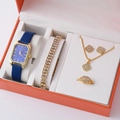 Luxury gold watch set with blue strap including matching necklace, bracelet, and earrings - Blue Strap Gold Square Diamond Set (A13)