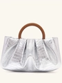 Silver pleated dumpling handbag with brown resin ring handle and crocodile texture - Crocodile / Silver