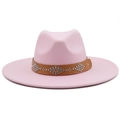 Pink minimalist wool fedora hat with a wide brim and studded bohemian leather band - M (56-58cm) / Pink