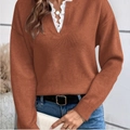 Caramel V-neck knit sweater with white lace trim and long sleeves for women - S / Light Rust Red
