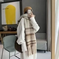 Beige plaid fringe scarf in faux cashmere with a knit hat for autumn and winter outfits - Milk Tea Horizontal Stripe