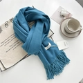 Soft blue cashmere-feel winter scarf with long tassels and minimalist brand label - Teal