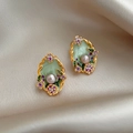 Elegante Vintage-Blumenohrringe mit grünem Marmoremail und glänzenden rosa Perlen - Gold Vintage Emaille Blumen Perle Stil (A2425)