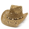 Hollow out straw cowboy hat with bohemian shell and wooden bead decoration band - M(56-58cm) / Khaki